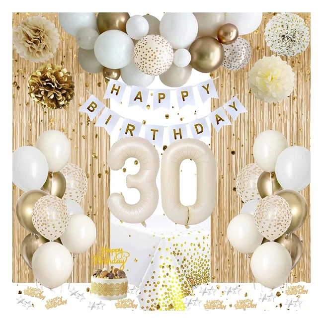 Décoration Anniversaire 30 ans Femme - Ballons Blanc Or - Déco Table Anniversaire - Réutilisable
