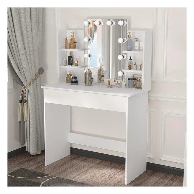 Coiffeuse avec miroir LED luminosit rglable 2 tiroirs et 4 tagres de r