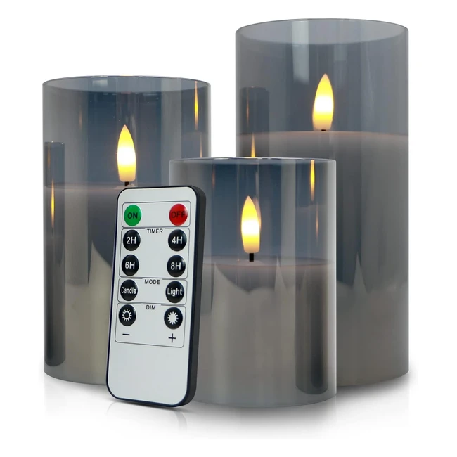 LED Flameless Candles Flickering with Timer - Remote Control, Battery Operated, Warm Light, Gray Glass Candles, Gift Set - Set of 3 Pillar Candles (4, 5, 6) for Party, Wedding, Christmas