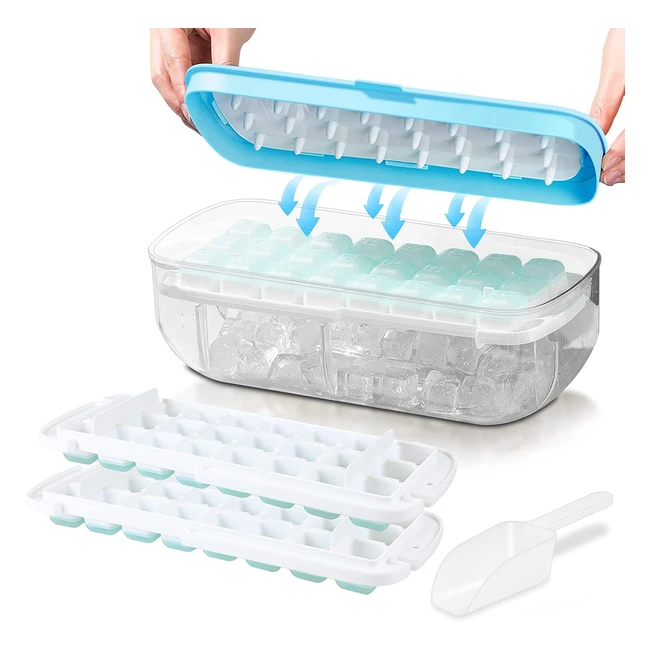 Ice Cube Tray with Lid - Foodgrade Silicone Moulds - Release All Ice Cubes in 1 Second - Reusable - 48 Ice Cube Tray - Blue