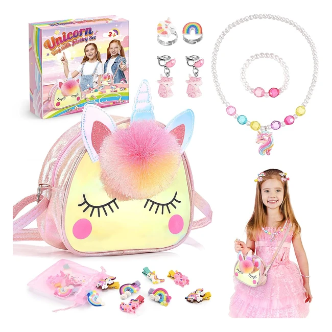 Qukir Unicorn Gifts for Girls - Jewelry Set with Hairpins, Rings, Necklace, Bracelets, Earrings, and Plush Bag - Age 2-6