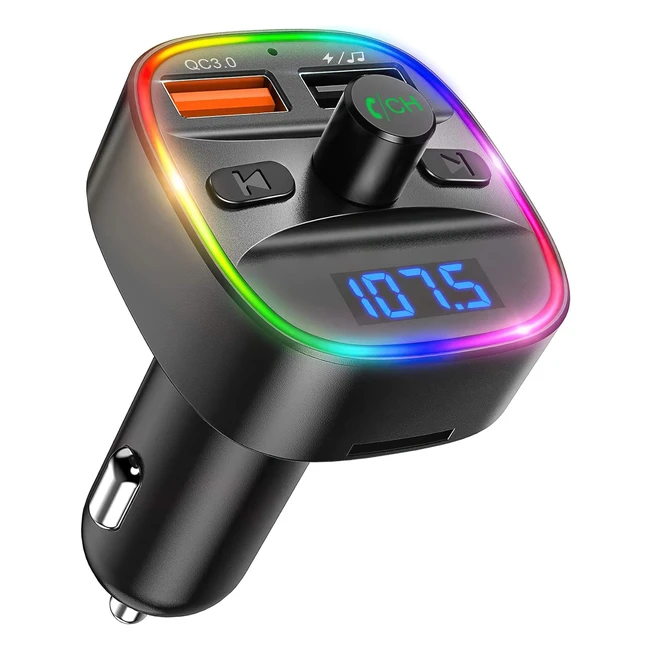 ORIA Bluetooth FM Transmitter v5.0 - Quick Charge 3.0 USB Charger - Hands-Free Calls - 7 LED Colors