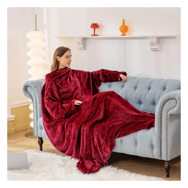 Aisbo Wearable Blanket with Sleeves - Warm Fleece Blanket for Adults - Red - 170x200cm