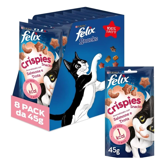 Purina Felix Snack Gatti Crispies - 8 Confezioni da 45g - Salmone e Trota