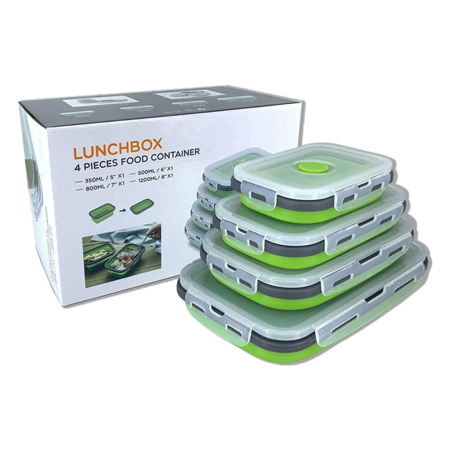 Collapsible Silicone Food Storage Container with Lid - Portable Lunch Bento Box - Space Saving - Set of 4 - Green