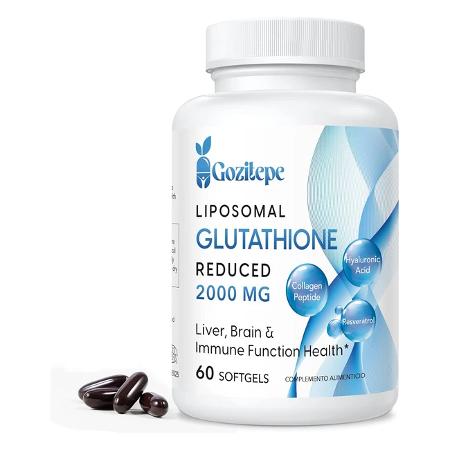 Glutatión liposomal reducido 2000 mg, antioxidante poderoso con ácido hialurónico, péptido de colágeno y resveratrol - 60 cápsulas