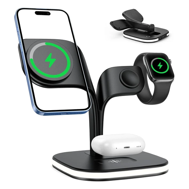 5 in 1 Wireless Charging Station with LED Lamp - Foldable Magnetic Charger Stand - iPhone 15/14/13/12/Plus/Pro/Pro Max/Mini - Apple Watch SE/8/7/6/5/4/3/2 - Airpods 3/2/Pro