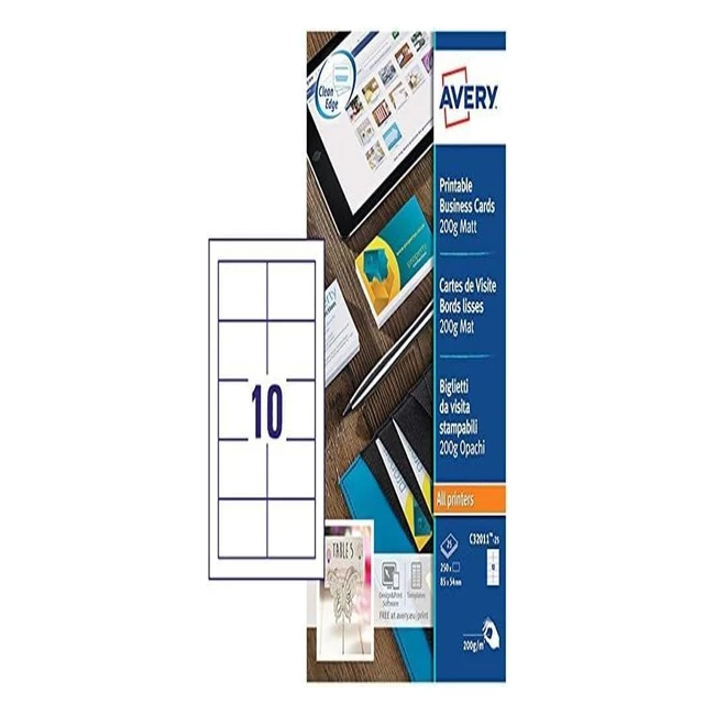 Tarjetas de visita Avery España C3201125 - Blanco Mate - 85x54mm - 10 tarjetas por hoja - Caja de 250 tarjetas