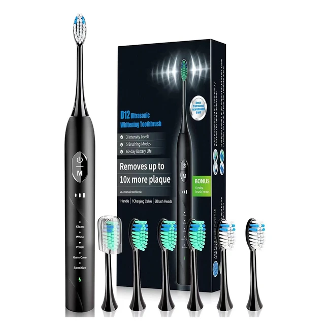 Electric Toothbrush with 6 Replacement Brush Heads - Rechargeable Toothbrushes - 5 Modes - Smart Timer - Travel Gift - Black