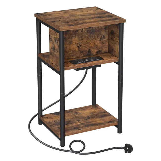 VASAGLE Slim Side Table with Charging Station - Rustic Brown and Black