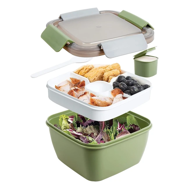 Greentainer 52 oz Salad Container BPA-free 3-Compartment for Toppings and Snacks