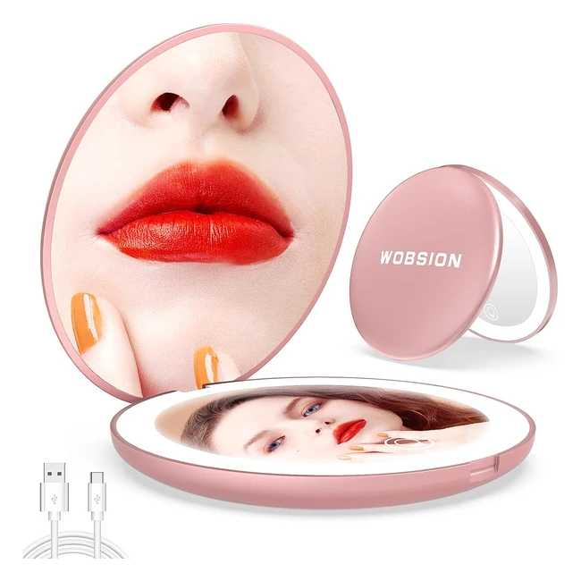 Specchio portatile LED Wobsion 4 pollici, ricaricabile e dimmerabile, con ingranditore 10x, specchietto da borsetta e da viaggio, oro rosa