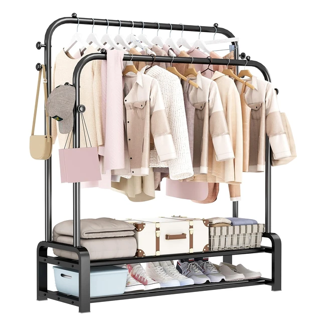 Smilovii Metal Clothes Rail Double Rails Garment Rack | Heavy Duty | 8 Hooks | 2-Tier Shoe Rack | Free Standing Storage Shelf