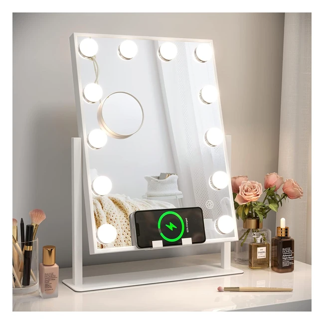 Dripex Hollywood Vanity Mirror with Light - 12 LED Bulbs - Wireless Charging - 360 Rotation - 3 Lighting Modes