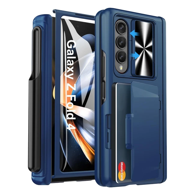 Sixbox Galaxy Z Fold 4 Case with Card Holder, S Pen Slot, Hinge Protection, Kickstand, Screen Protector - Blue
