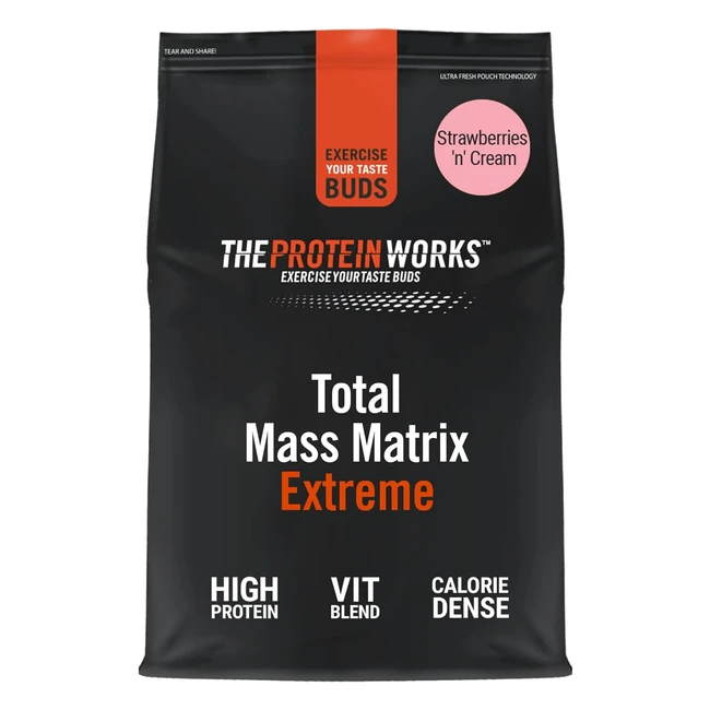 Protein Works Matrix Massa Totale Extreme - Frullato Proteico Ipercalorico - Aumenta di Peso - 8 Agitare - Panna - Fragole - 212kg