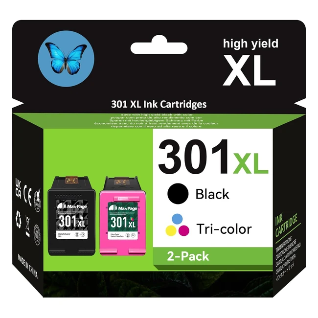 Maxpage 301 XL Ink Cartridge Combo Pack for HP 301XL - Black & Color Printer Ink - Deskjet 2540 3050 3055A 1510 - Envy 4500 4502 4507 5530 - Officejet 2620 2622 4630