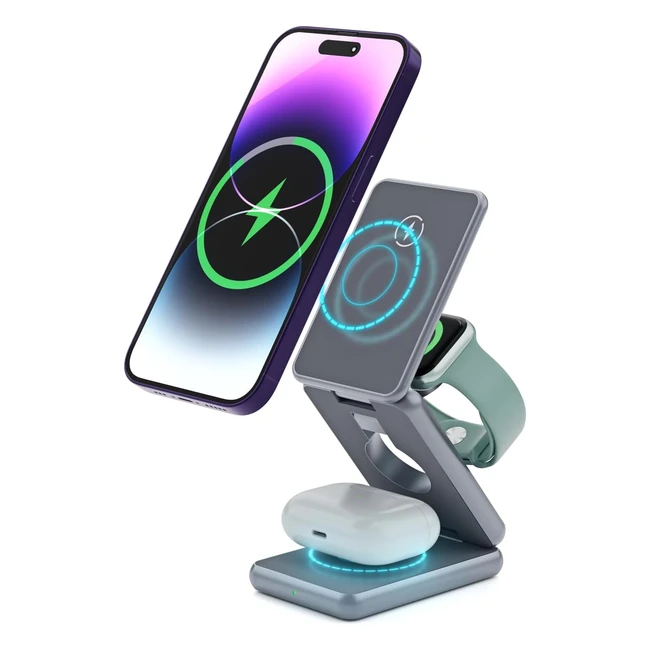 Chargeur Induction Sans Fil Magnétique Pliable 3 en 1 - Decqle 101 - Compatible avec Magsafe - iPhone 12/13/14, Apple Watch 18 Ultra, Airpods 23 Pro/Pro 2th