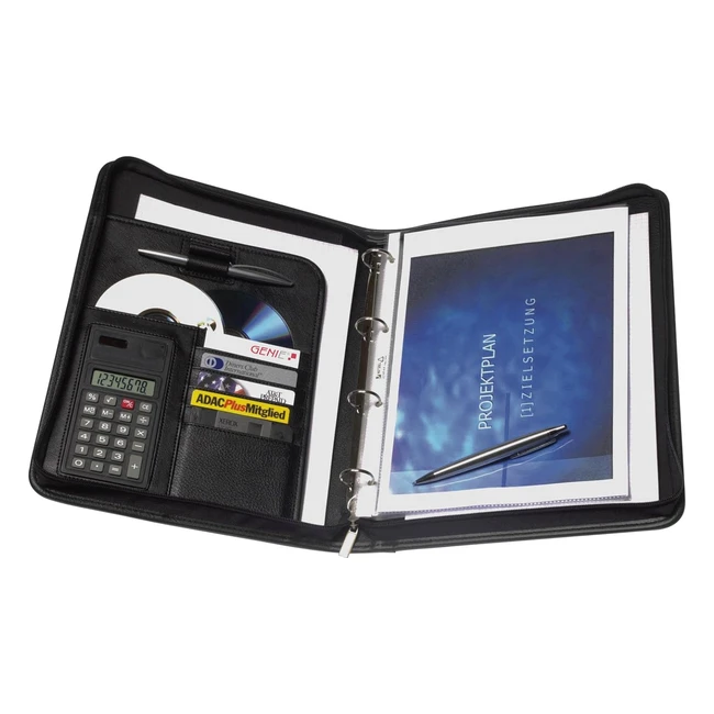 Carpeta de Anillas Genie 10742 - A4 con Calculadora Integrada - Piel Sintética - Cierre Cremallera - Color Negro