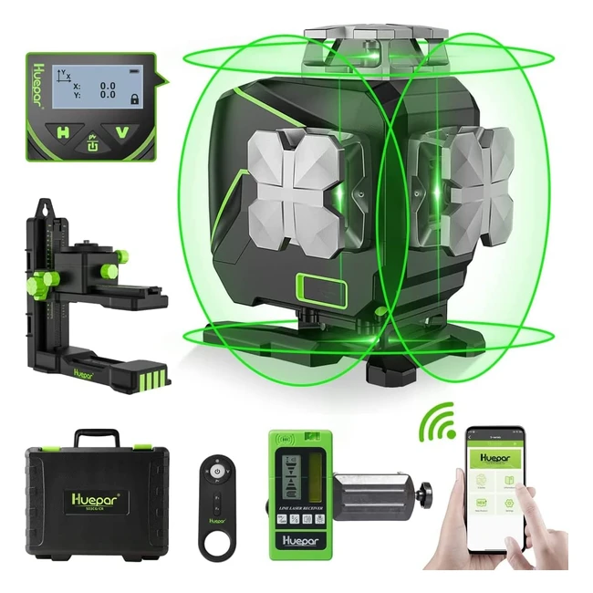 Niveau Laser Autonivelant Huepar avec Écran LCD Bluetooth Faisceau Vert Ligne Croisée Outil pour Carrelage Horizontal/Vertical 360° - S04CG5RG