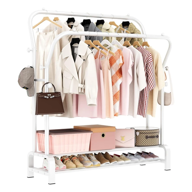 Smilovii Heavy Duty Clothes Rail with Metal Double Coat Stand Rack - 4 Side Hooks, 2-Tier Shoe Storage Shelf - White