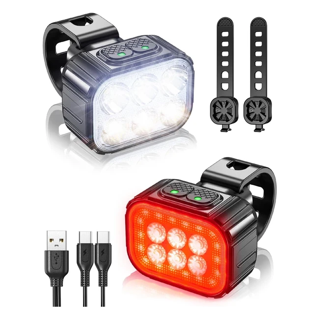 Super Bright Bike Lights Front and Back - 2023 Upgrade - 6 LED - IP65 Waterproof - USB Fast Charging - Long Battery Life