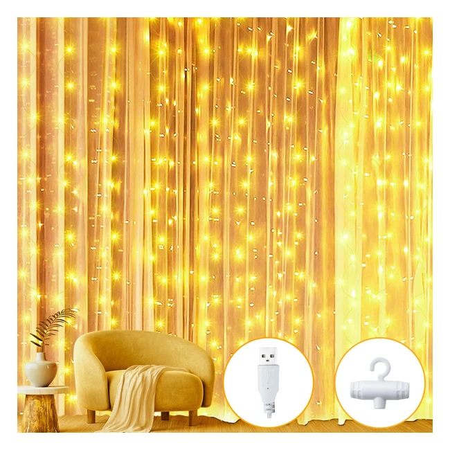 Guirlande Lumineuse Rideau Ollny 200LED 2m2m USB avec Minuterie - Mariage, Noël, Anniversaire