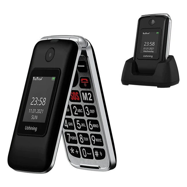 Téléphone Portable Ushining 3G pour Personnes Âgées - Bouton SOS - Volume Élevé - Double Écran - Noir