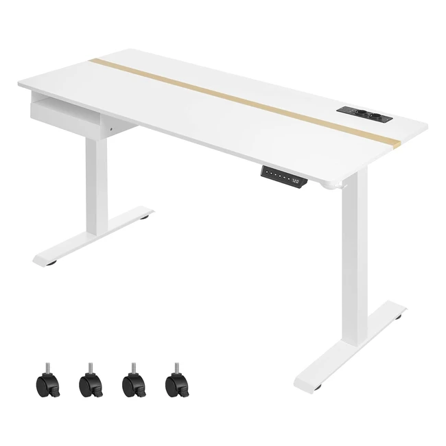 Escritorio regulable en altura VASAGLE, enchufe y cajón, 60x140 cm, blanco