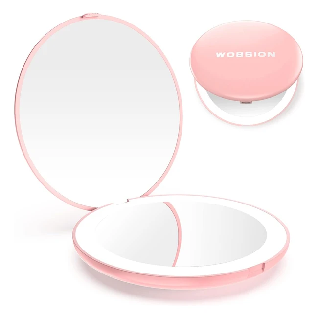 Wobsion Compact Mirror with Light 1x10x Magnifying LED - Handheld Makeup Mirror - Small Pocket Mirror - Round Pink