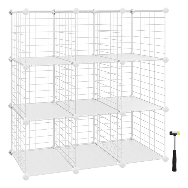 Songmics 9Cube Wire Grid Storage Rack | Metal Mesh Shelves | PP Plastic Sheets | White LPI115W