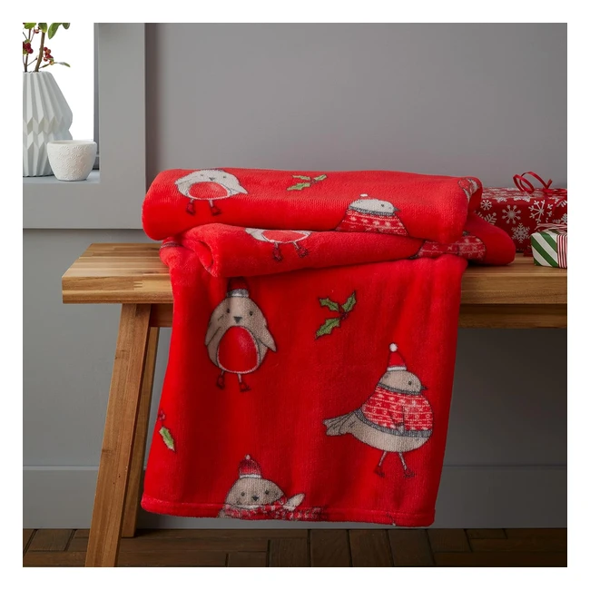 Catherine Lansfield Kids Living Christmas Robins Blanket Throw - Red, 130x170cm
