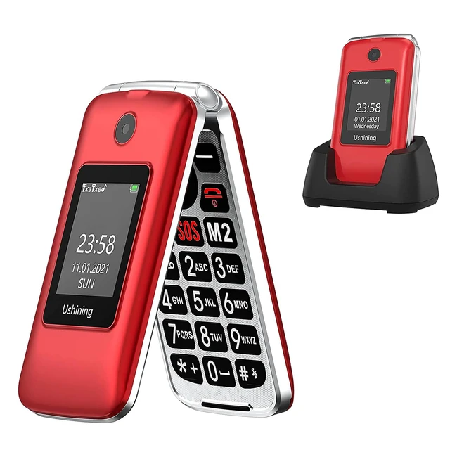 Téléphone Portable Senior Ushining 3G à Clapet Débloqué - Grandes Touches - Haute Volume - Fonction SOS - Double Écran - Rouge