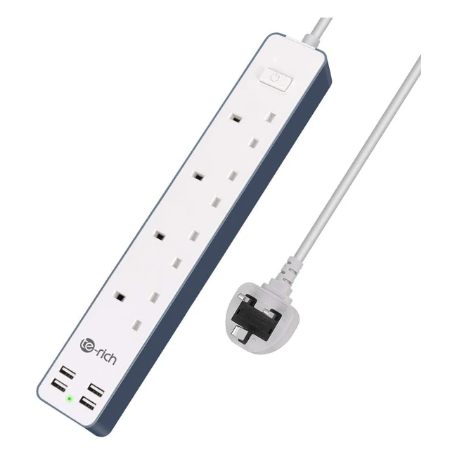 Terich 4 Way Extension Lead with USB Slots - Power Strip for Home Office - No Su