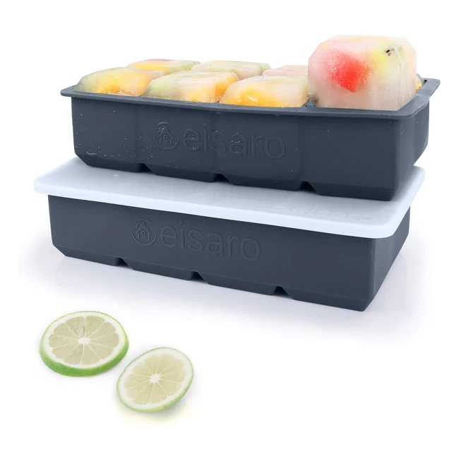 Large Square Silicone Ice Cube Trays with Lids - Set of 2 - BPA Free - Easy Release - Baby Food, Whiskey, Cocktails - Grey