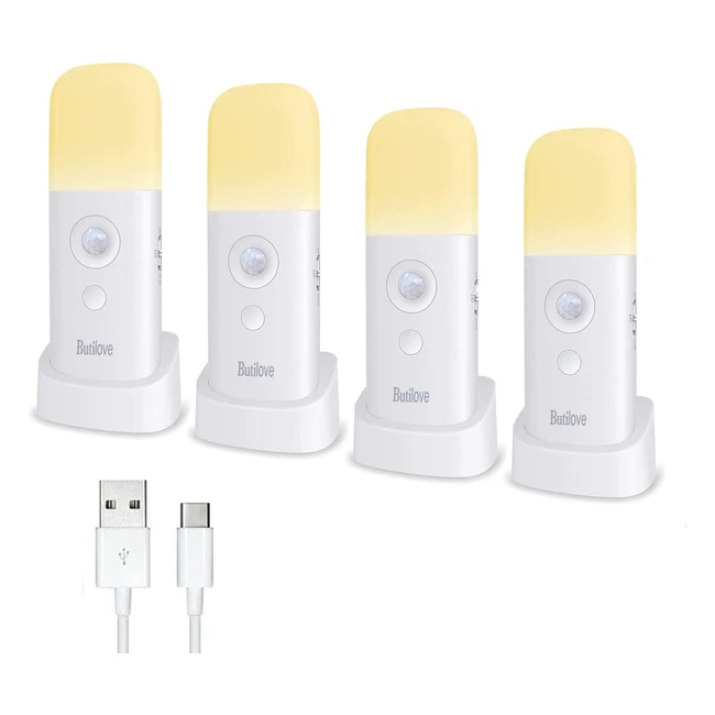 Motion Sensor Night Light Pack of 4 - Rechargeable Portable - USB Cable - Wireless Wall Light - Automatic On/Off - NL003