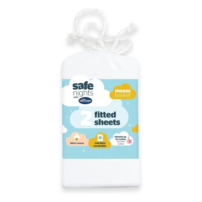 Silentnight Safe Nights Moses Basket Fitted Sheets Set - 100% Jersey Cotton - Pack of 2 - Plain White - Newborn - Easy Care - Super Soft