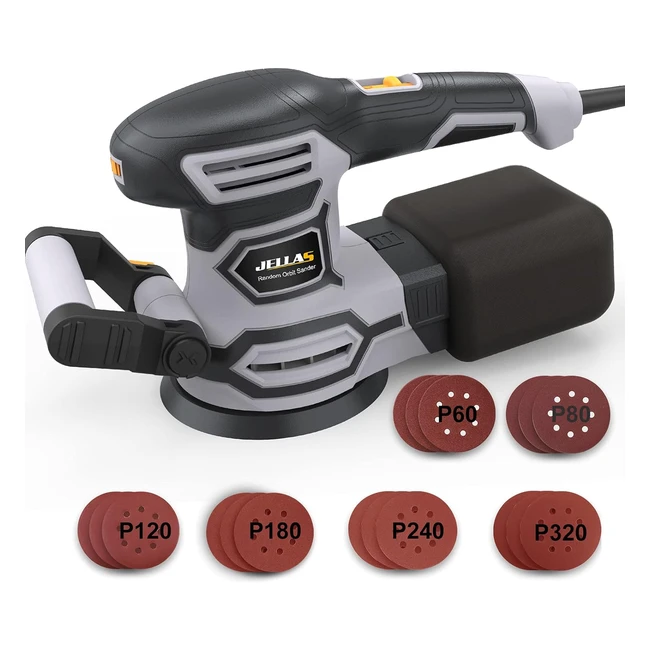 Jellas Orbital Sander 450W 13000 RPM 125mm - Double Life, 6 Speeds, 18 pcs Sandpapers