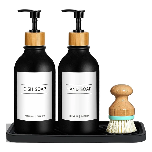 GMISUN Black Hand and Dish Soap Dispenser Set - 500ml - Bamboo Brush - Farmhouse Kitchen