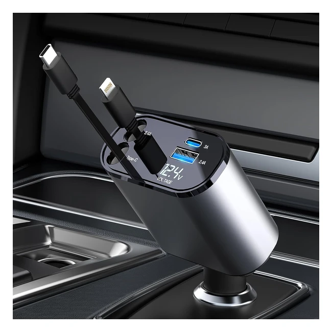 Aimtel Retractable Car Charger 60W - Fast Charger with Retractable Cables, 2 USB Ports - Compatible with iPhone, Galaxy, Google, Huawei