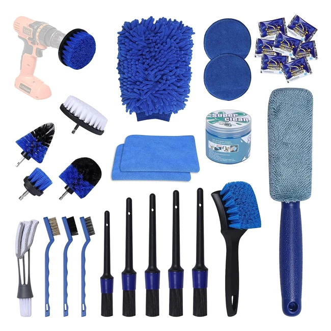 Kit 30 pcs per pulizia auto - Pennelli dettagli, attacchi trapano, guanto lavaggio, spugna, spazzola pneumatici - Curati dell'auto