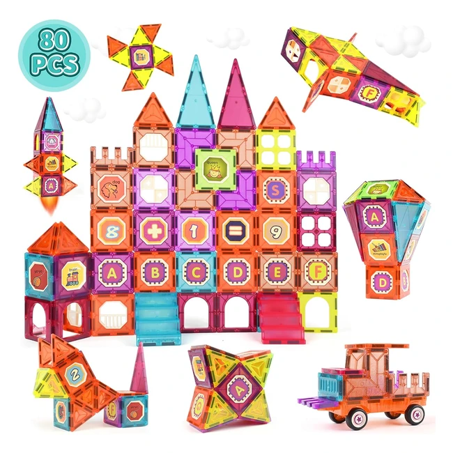 Gavgroom Blocs Construction Magnétiques 80 pièces - Jeux de Construction Magnétiques 3D STEM Éducatifs - Jouets Magnétiques avec Puzzles et Autocollants - Enfants 3+