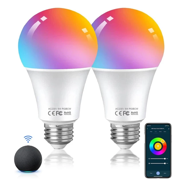 Hutakuze Alexa Smart Bulb WiFi Light Bulbs E27 Screw 9W 806lm - App/Voice Control - Dimmable White/RGBCW - Works with Alexa/Google Home - 2 Pack