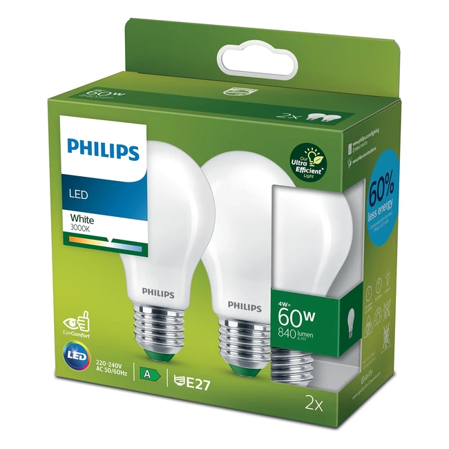 Philips LED Ultra Efficient Light Bulb 2 Pack A Label Energy Rating White 3000K E27 Edison Screw 60W A60 Frosted