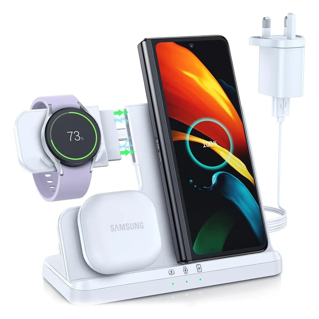 LK Wireless Charger for Samsung - 3 in 1 Charging Station - Compatible with S23 S22 S21 S20 Ultra Plus - Note 20 - Z Flip 5 - Z Fold 5 - Galaxy Watch 5 Pro - Galaxy Buds Pro - White