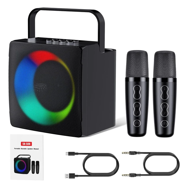Máquina de Karaoke con 2 Micrófonos Inalámbricos | Altavoz Bluetooth | Efectos Cambiador de Voz y Luces LED | Karaoke Completo Portátil | Soporte Tarjeta TF AUX USB | Negro