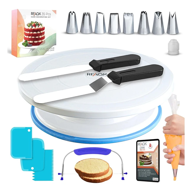 Cake Turntable and Leveler - Rotating Cake Stand with Non-Slip Pad - 7 Icing Tips and 20 Bags - Baking Tools