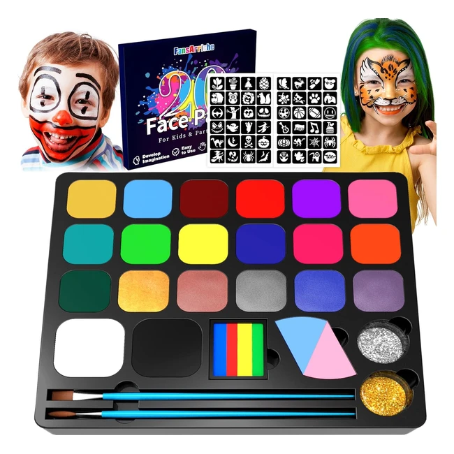 Kit Truccabimbi Pittura Viso - 20 Colori, 2 Glitter, 48 Stencil - Halloween, Feste, Festival