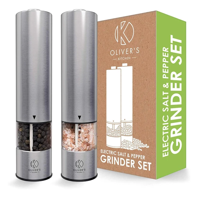 Olivers Kitchen Electric Salt and Pepper Mill Set - Stylish Stainless Steel Desi