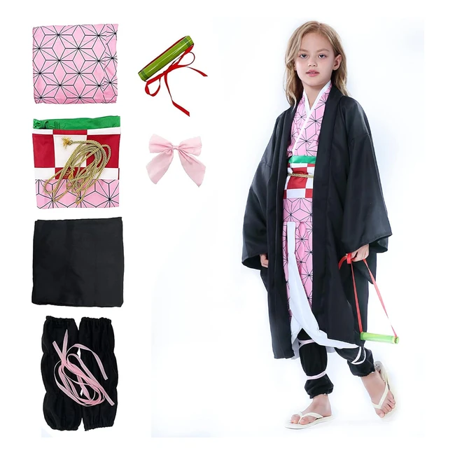 Disfraz Cosplay Nezuko Tanjiro para Niños - Anime Completo Kamado Ropa de Kimono - Regalo Halloween Navidad Carnaval